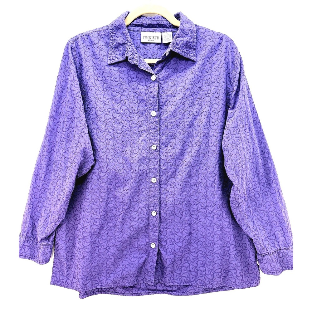 Timbuktu Purple Swirly Embroidered Cotton Button Up Shirt Sz 3 Boho Cottagecore